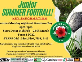 Junior summer footy starts on the 14th of Feb.

Contact your school sports coordinator to register!
