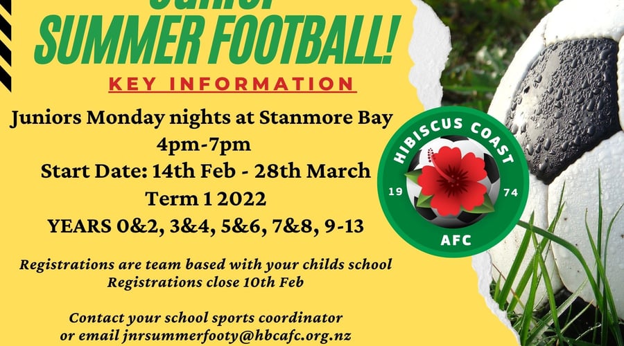 Junior summer footy starts on the 14th of Feb.

Contact your school sports coordinator to register!
